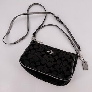 COACH Black Metallic Signature Logo Canvas Top Handle Crossbody Bag Purse